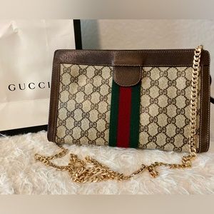 Gucci Vintage Web Sherry Line GG Clutch with Gold Chain Strap